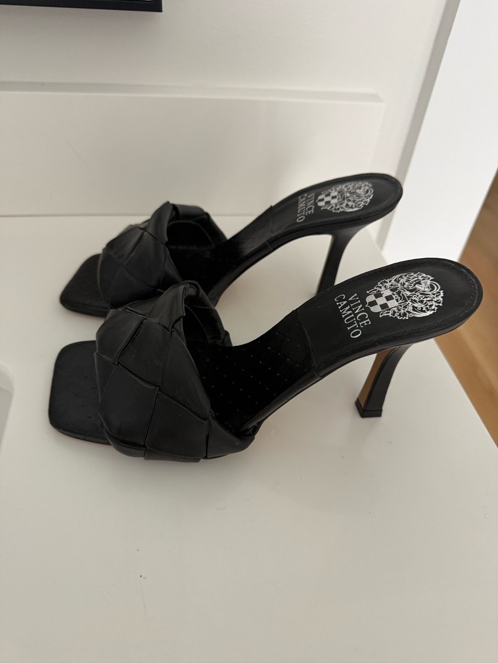 Vince Camuto Black Woven Square-Toe Heeled Mules